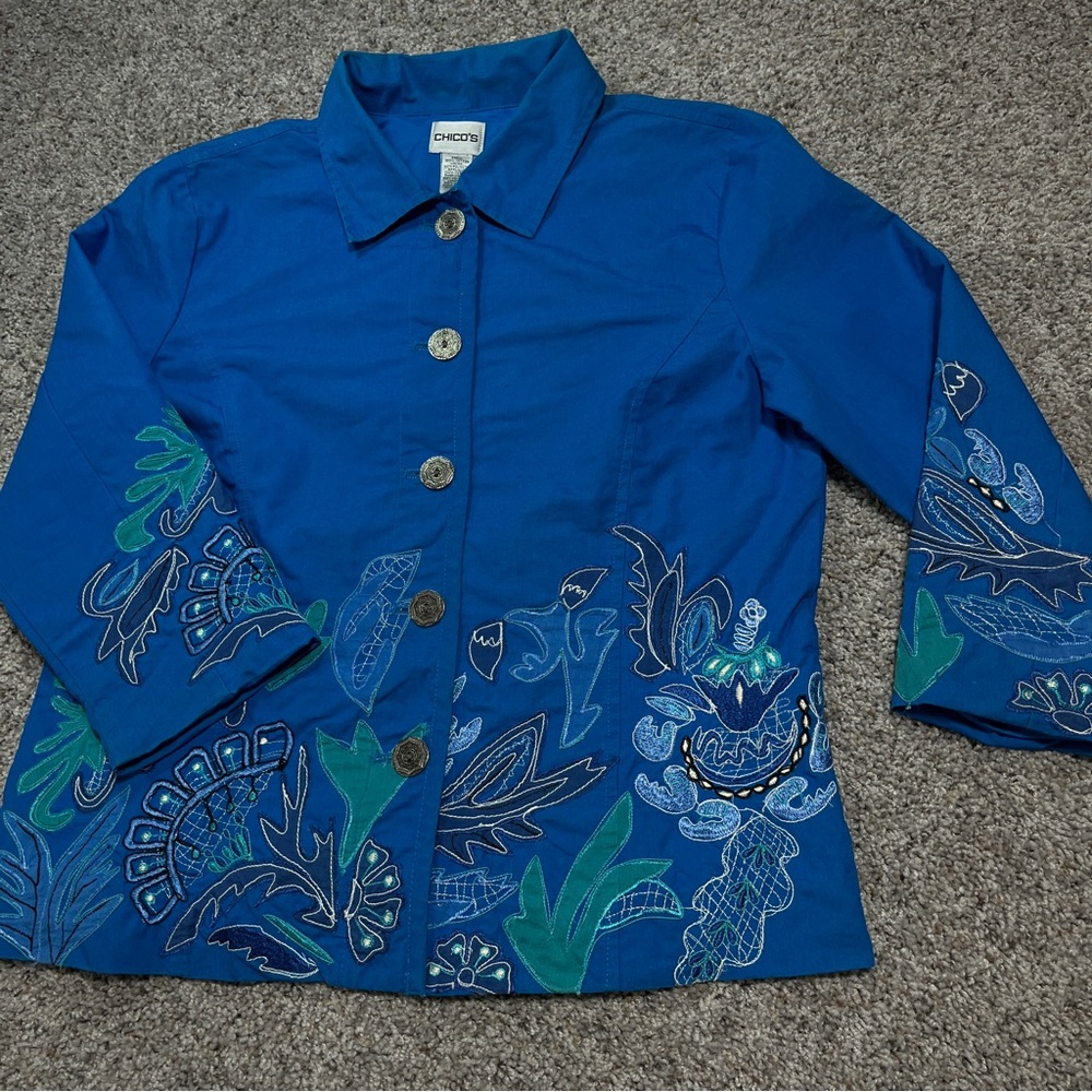 Chico's Bright Blue Button-Front Jacket with appliqué and embroidery size 1 M
